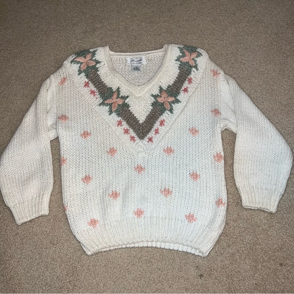 VTG Margules Sweater Womens Small White Embroidered Floral Knit V Neck Sweater